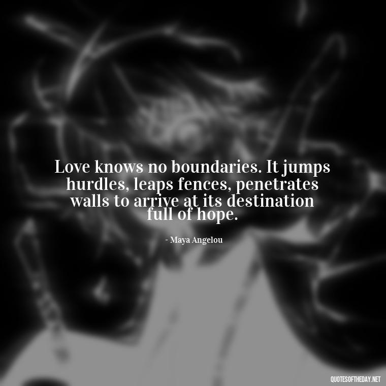 Love knows no boundaries. It jumps hurdles, leaps fences, penetrates walls to arrive at its destination full of hope. - Love And Imperfection Quotes