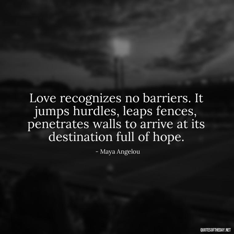 Love recognizes no barriers. It jumps hurdles, leaps fences, penetrates walls to arrive at its destination full of hope. - Quotes About Missing Your Lover