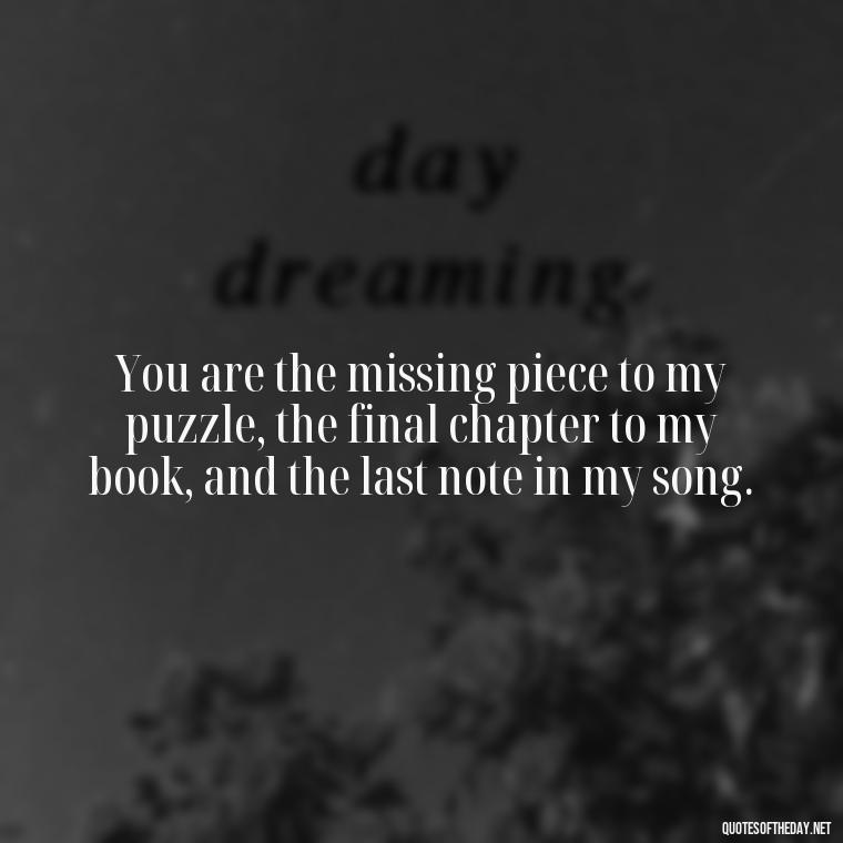 You are the missing piece to my puzzle, the final chapter to my book, and the last note in my song. - My Best Friend My Lover Quotes