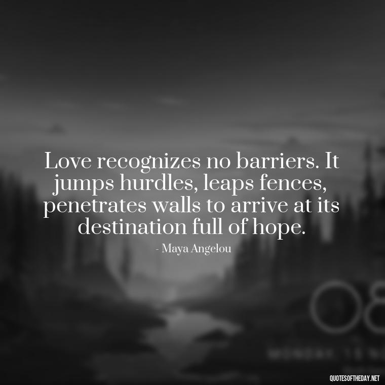 Love recognizes no barriers. It jumps hurdles, leaps fences, penetrates walls to arrive at its destination full of hope. - Love Pride Quotes