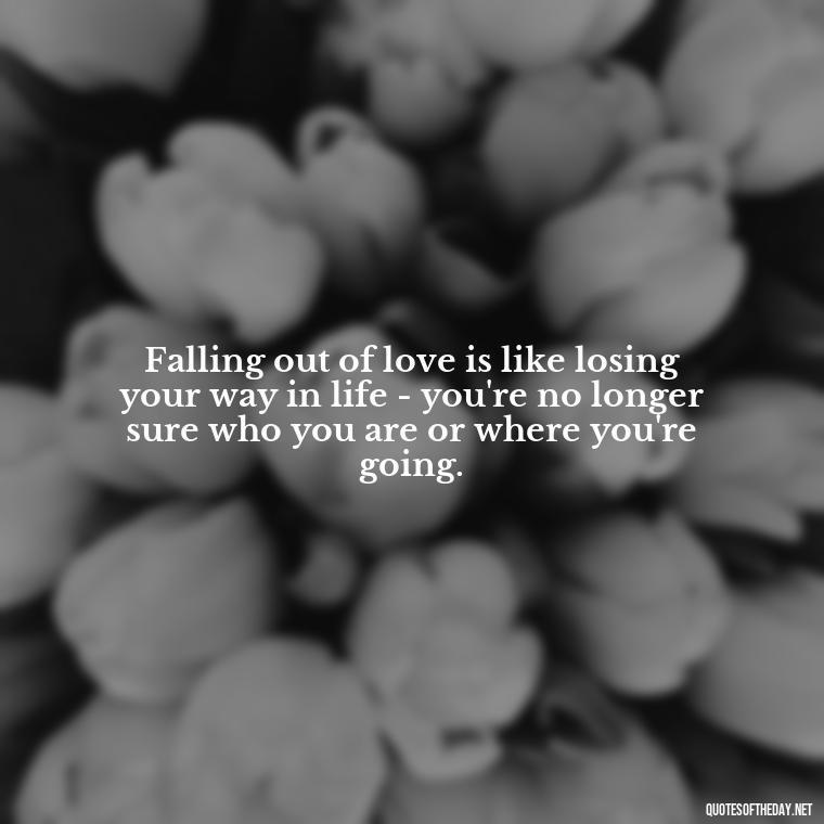 Falling out of love is like losing your way in life - you're no longer sure who you are or where you're going. - Quotes About Falling Out Of Love