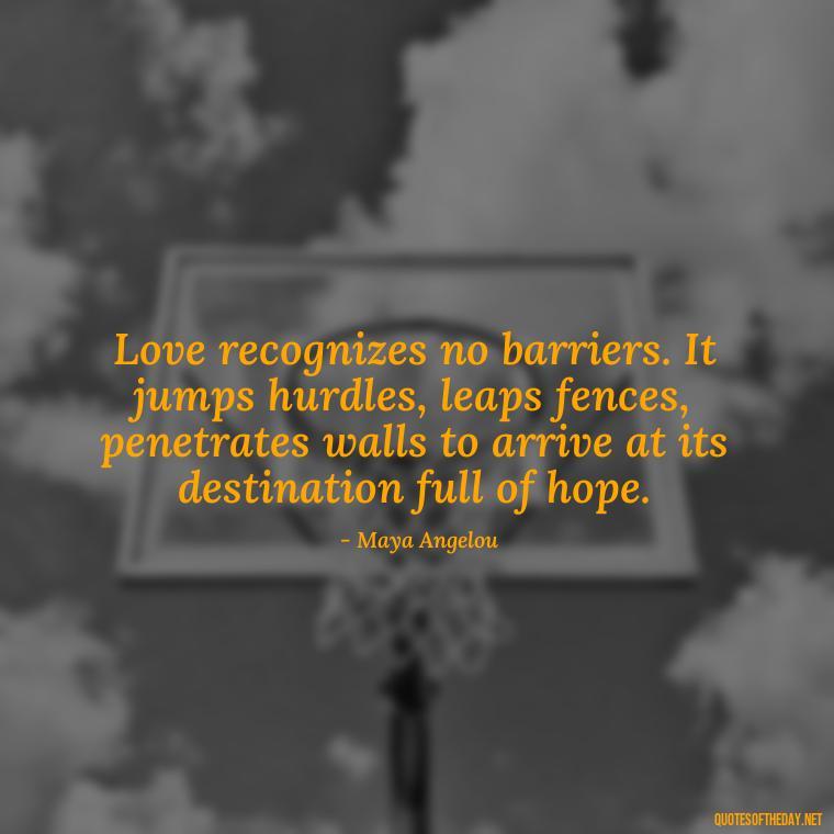 Love recognizes no barriers. It jumps hurdles, leaps fences, penetrates walls to arrive at its destination full of hope. - 1 Line Love Quotes