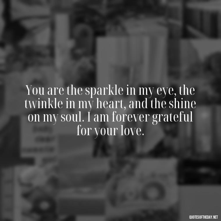 You are the sparkle in my eye, the twinkle in my heart, and the shine on my soul. I am forever grateful for your love. - Love Quote For Her To Make Her Happy