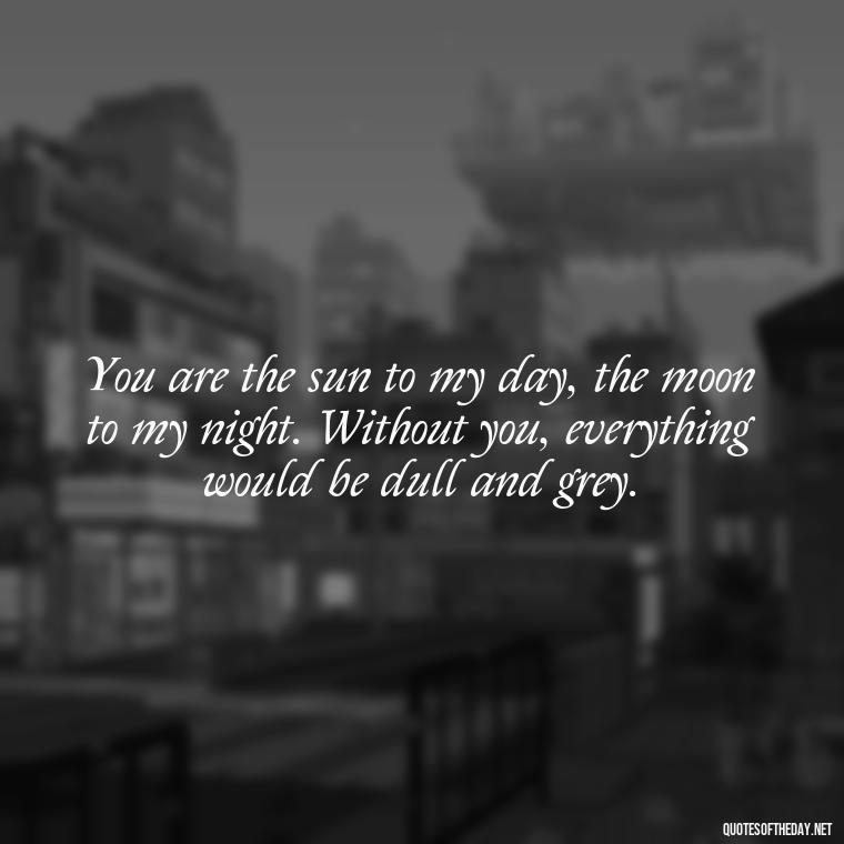 You are the sun to my day, the moon to my night. Without you, everything would be dull and grey. - Love Quotes About The Sun