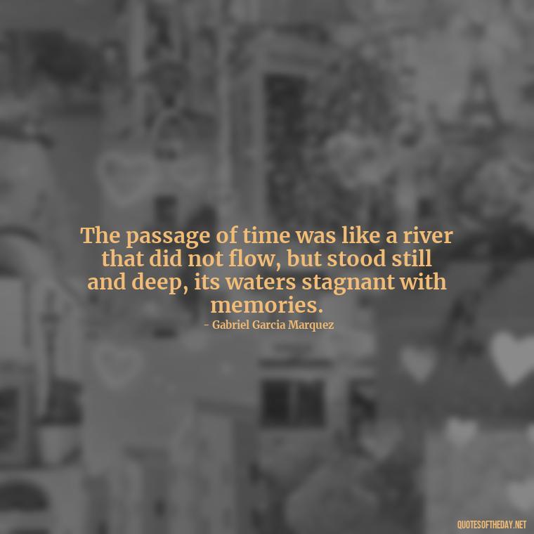 The passage of time was like a river that did not flow, but stood still and deep, its waters stagnant with memories. - Love In The Time Of Cholera Book Quotes