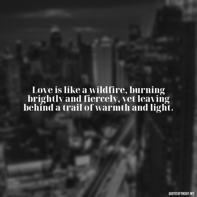 Love is like a wildfire, burning brightly and fiercely, yet leaving behind a trail of warmth and light. - Love And Fire Quotes