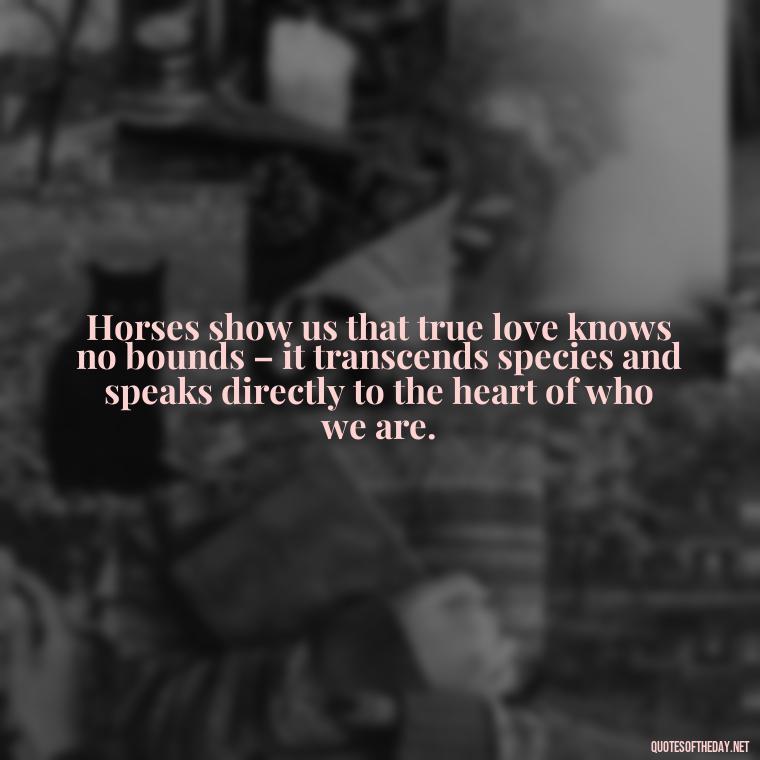 Horses show us that true love knows no bounds – it transcends species and speaks directly to the heart of who we are. - Horse Quotes Love