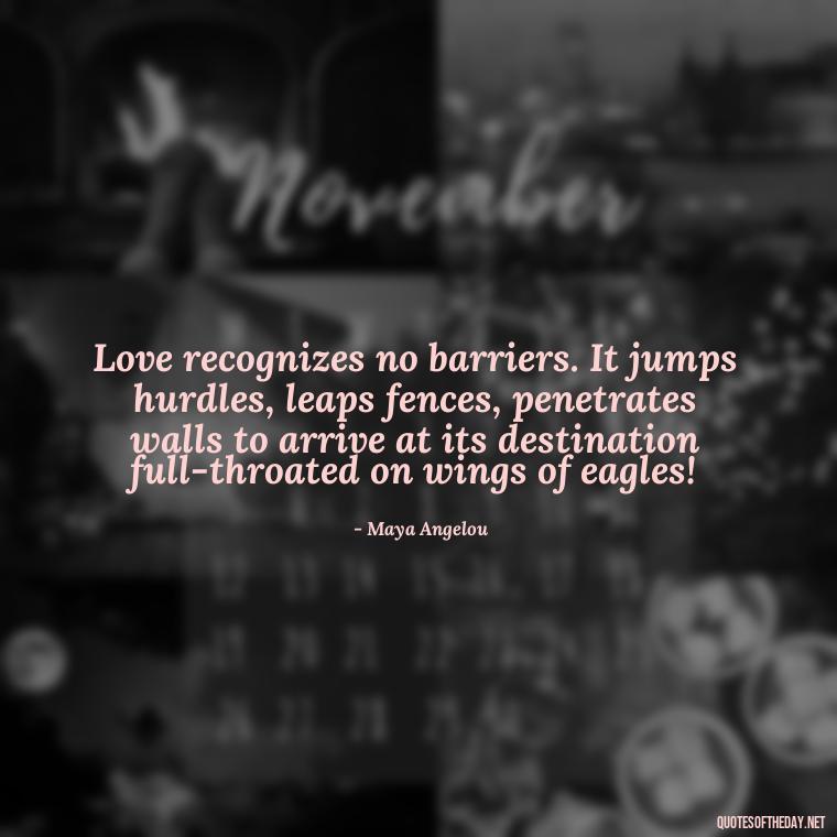 Love recognizes no barriers. It jumps hurdles, leaps fences, penetrates walls to arrive at its destination full-throated on wings of eagles! - I Love You The Way Quotes