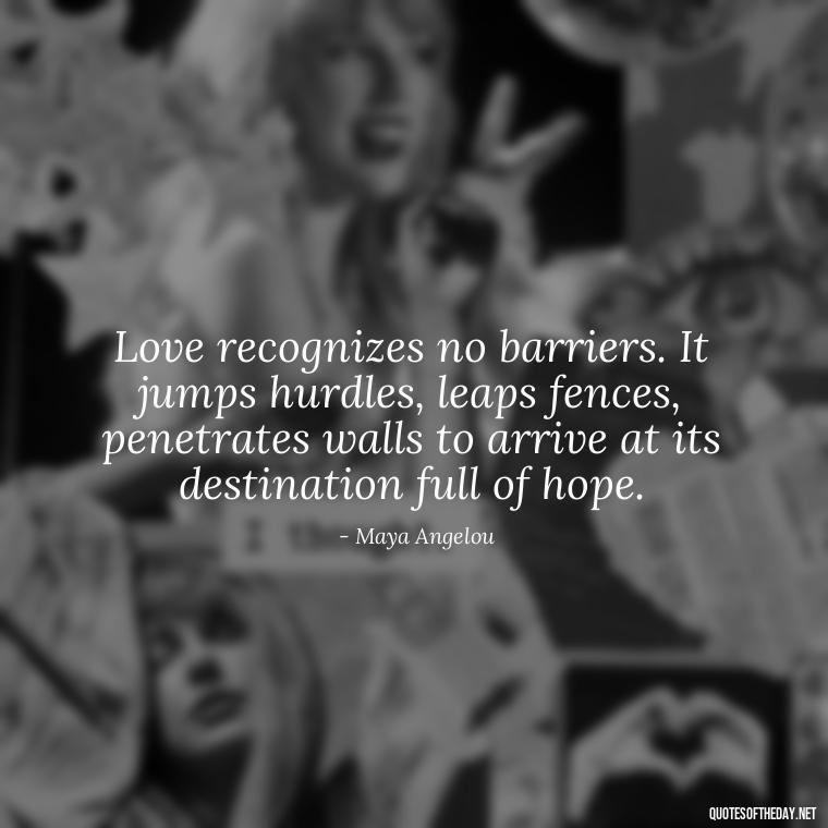 Love recognizes no barriers. It jumps hurdles, leaps fences, penetrates walls to arrive at its destination full of hope. - Favorite Love Quotes