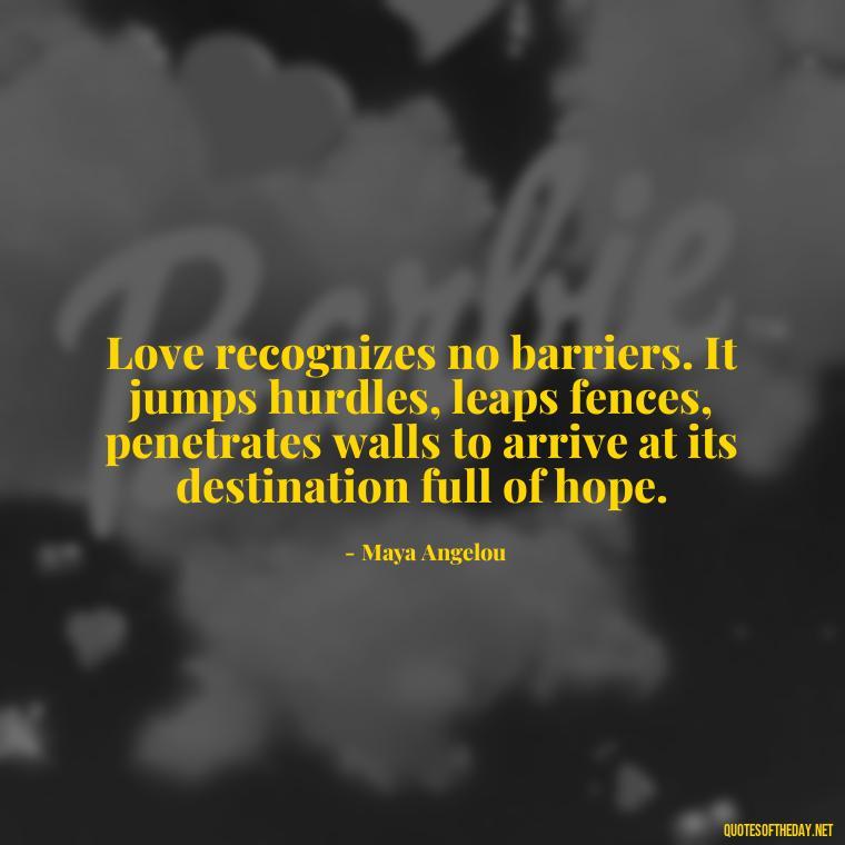 Love recognizes no barriers. It jumps hurdles, leaps fences, penetrates walls to arrive at its destination full of hope. - Love Quotes Break Up