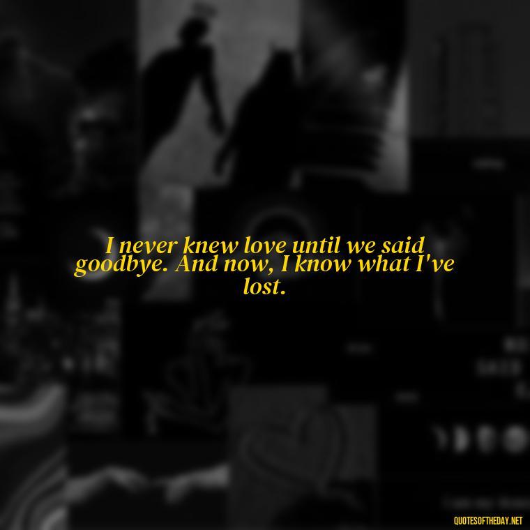 I never knew love until we said goodbye. And now, I know what I've lost. - Final Goodbye Unrequited Love Quotes