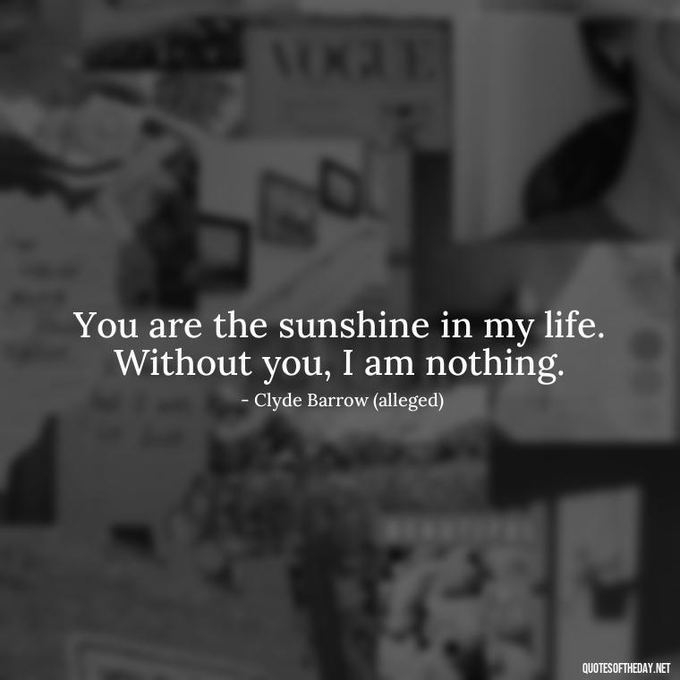 You are the sunshine in my life. Without you, I am nothing. - Bonnie And Clyde Quotes About Love