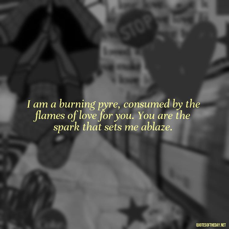 I am a burning pyre, consumed by the flames of love for you. You are the spark that sets me ablaze. - Quotes About Love And Fire