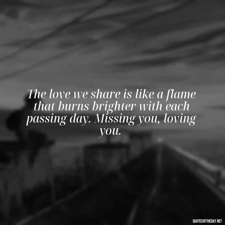 The love we share is like a flame that burns brighter with each passing day. Missing you, loving you. - Love You And Miss You Quotes