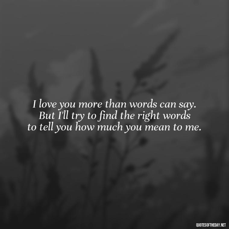 I love you more than words can say. But I'll try to find the right words to tell you how much you mean to me. - Miss U Love U Quotes