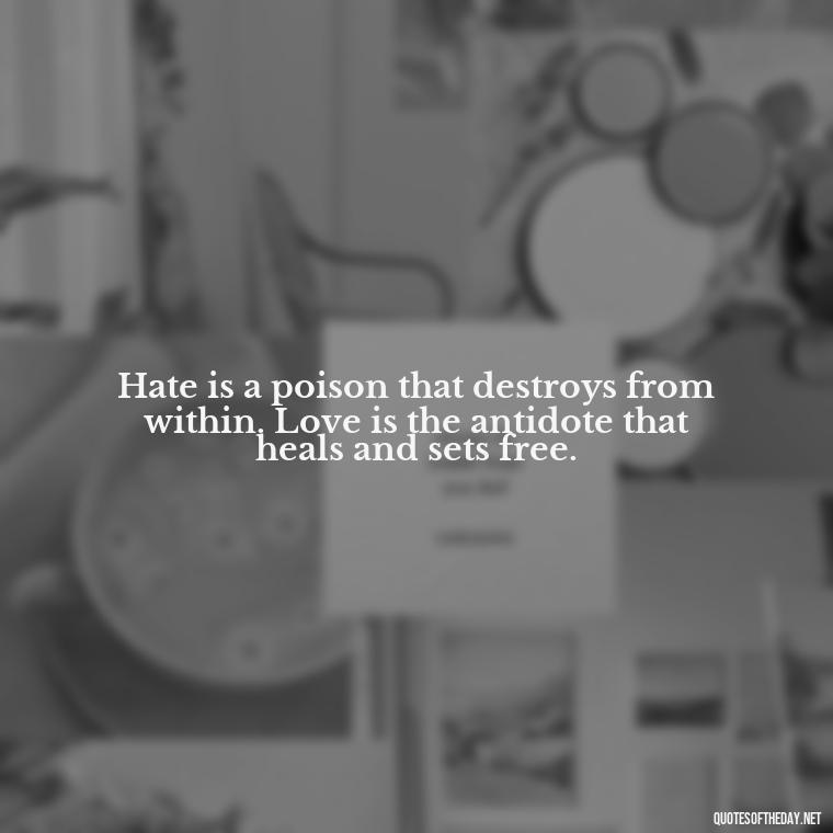 Hate is a poison that destroys from within. Love is the antidote that heals and sets free. - Hurt Hate Love Quotes