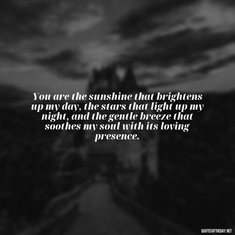 You are the sunshine that brightens up my day, the stars that light up my night, and the gentle breeze that soothes my soul with its loving presence. - My Love Towards You Quotes