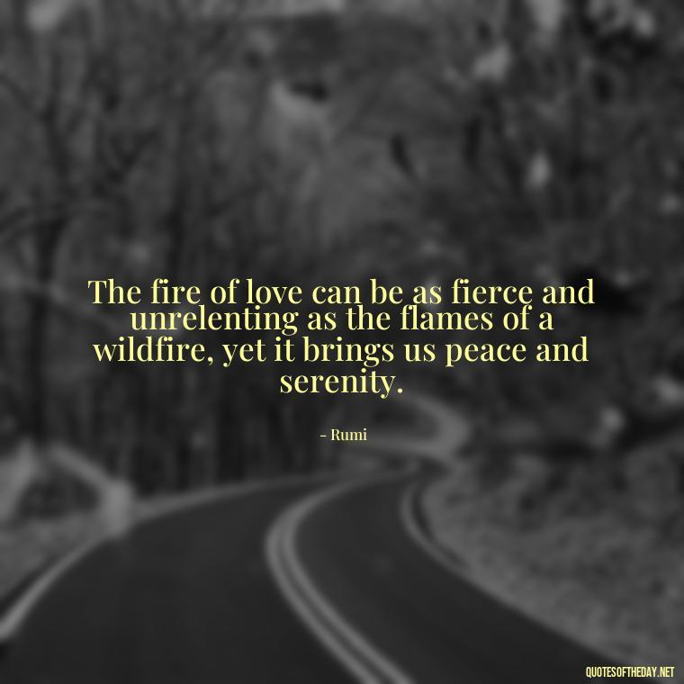 The fire of love can be as fierce and unrelenting as the flames of a wildfire, yet it brings us peace and serenity. - Love And Fire Quotes