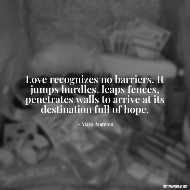 Love recognizes no barriers. It jumps hurdles, leaps fences, penetrates walls to arrive at its destination full of hope. - Love Quotes In One Line