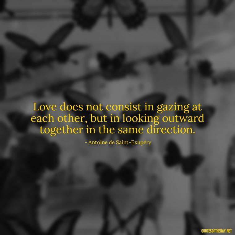 Love does not consist in gazing at each other, but in looking outward together in the same direction. - Love Quotes About The World