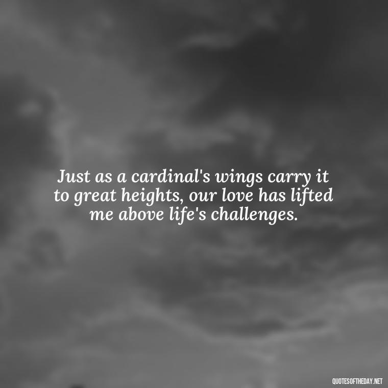 Just as a cardinal's wings carry it to great heights, our love has lifted me above life's challenges. - Cardinal Loved One Quote