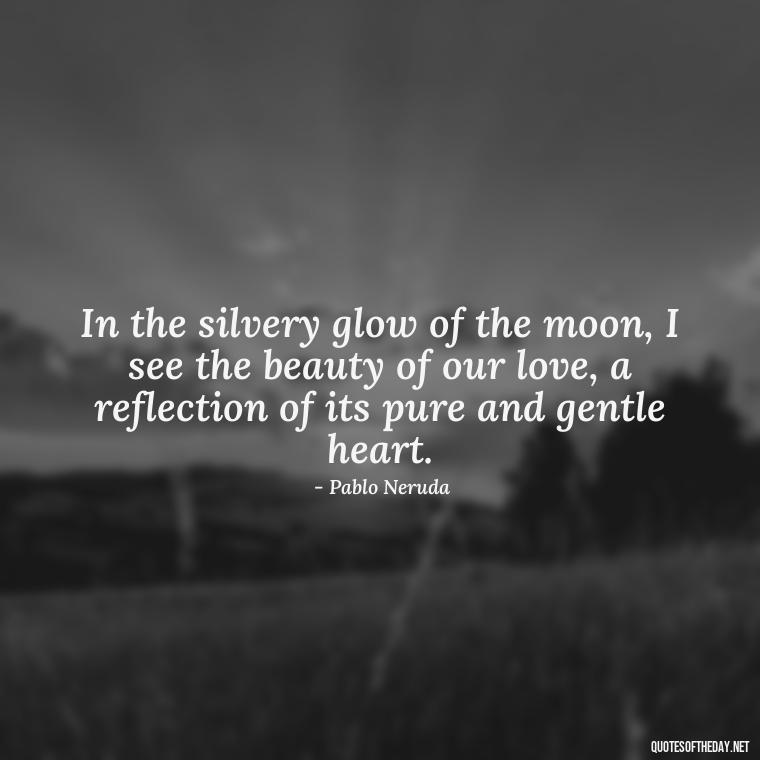 In the silvery glow of the moon, I see the beauty of our love, a reflection of its pure and gentle heart. - Love Moonlight Quotes