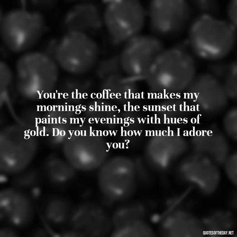 You're the coffee that makes my mornings shine, the sunset that paints my evenings with hues of gold. Do you know how much I adore you? - Do You Know How Much I Love You Quotes