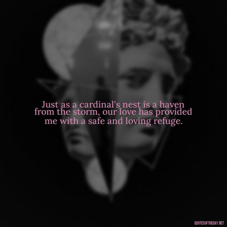 Just as a cardinal's nest is a haven from the storm, our love has provided me with a safe and loving refuge. - Cardinal Loved One Quote