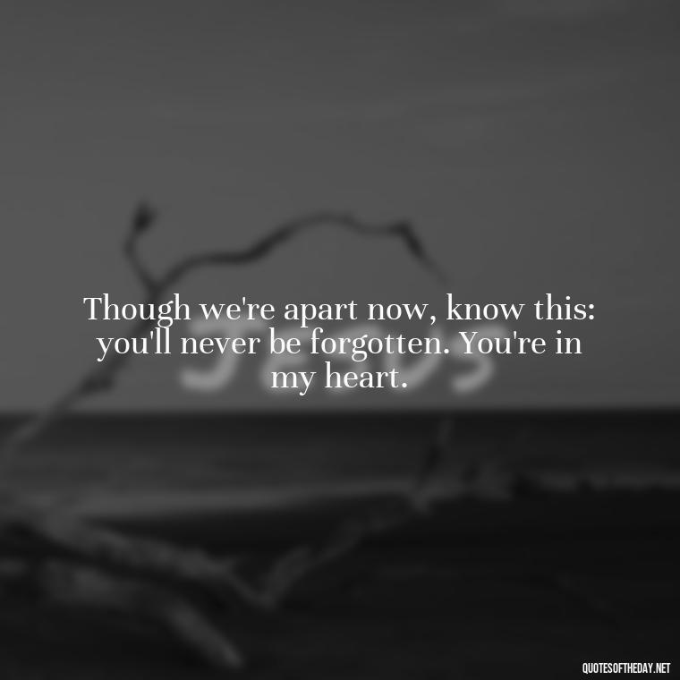 Though we're apart now, know this: you'll never be forgotten. You're in my heart. - Quotes For Missing A Loved One In Heaven