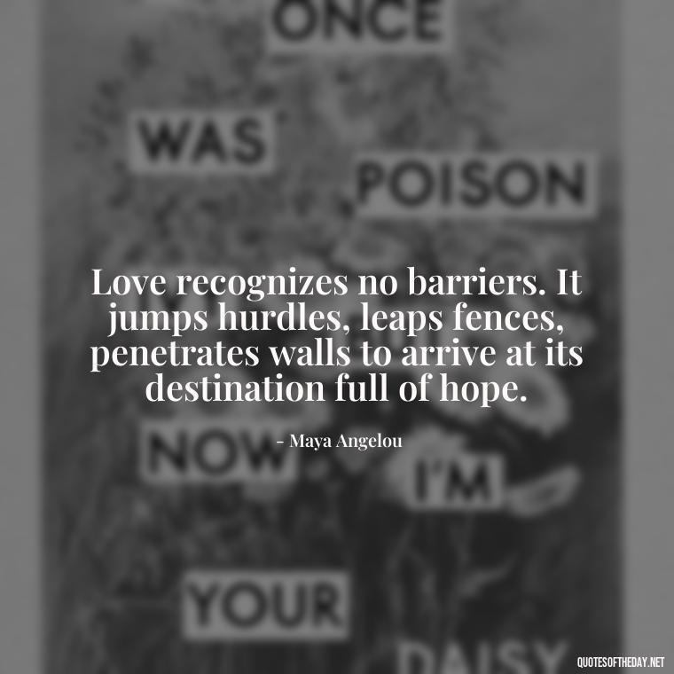 Love recognizes no barriers. It jumps hurdles, leaps fences, penetrates walls to arrive at its destination full of hope. - Quotes About Taking Risks In Love