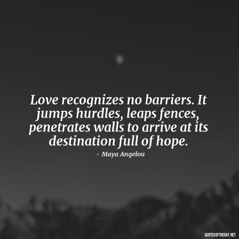 Love recognizes no barriers. It jumps hurdles, leaps fences, penetrates walls to arrive at its destination full of hope. - Love Quotes Little Prince