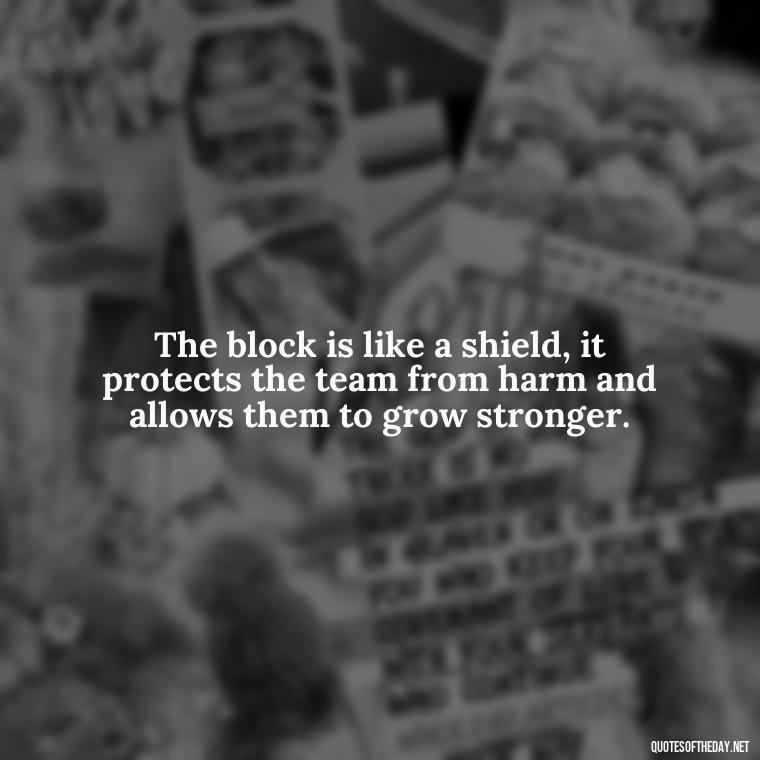 The block is like a shield, it protects the team from harm and allows them to grow stronger. - Short Quotes About Volleyball