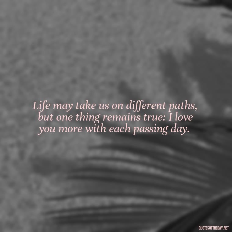 Life may take us on different paths, but one thing remains true: I love you more with each passing day. - If Anything Happens I Love You Quotes