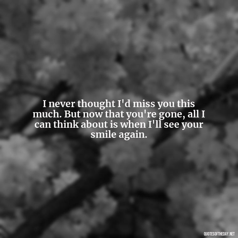 I never thought I'd miss you this much. But now that you're gone, all I can think about is when I'll see your smile again. - Love U Miss U Quotes