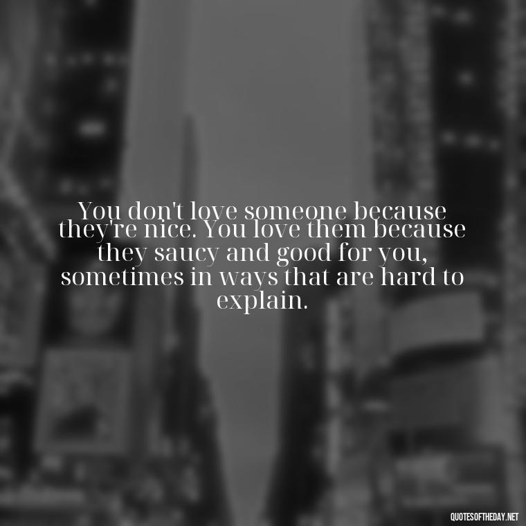 You don't love someone because they're nice. You love them because they saucy and good for you, sometimes in ways that are hard to explain. - Plato Quotes On Love