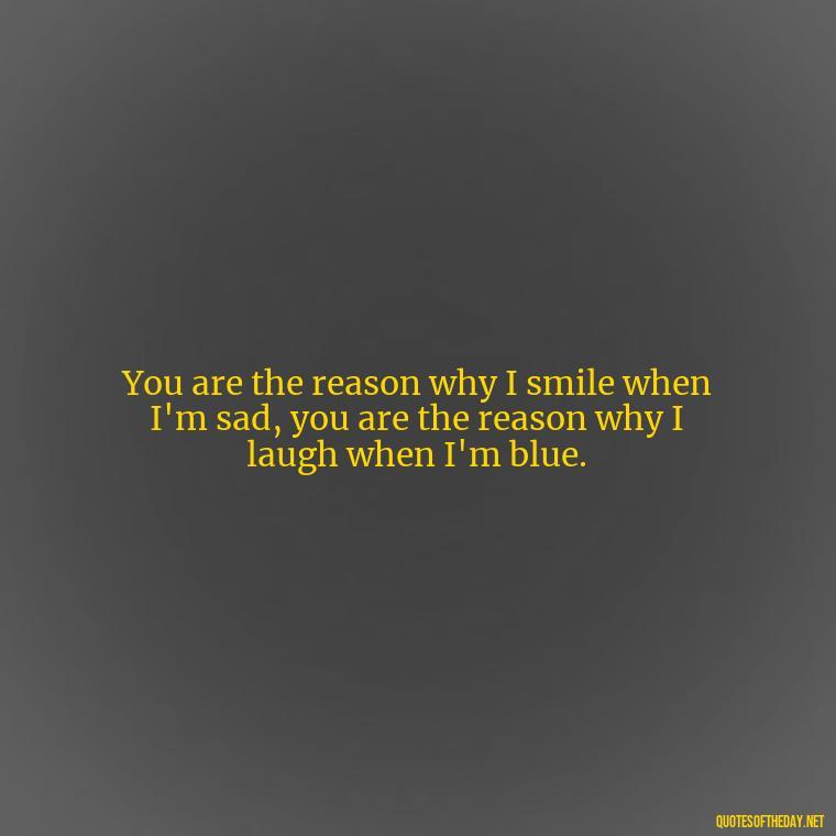 You are the reason why I smile when I'm sad, you are the reason why I laugh when I'm blue. - Love Quotes Short And Simple