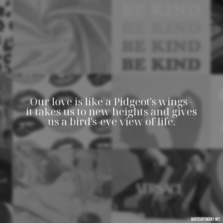 Our love is like a Pidgeot's wings - it takes us to new heights and gives us a bird's-eye view of life. - Pokemon Love Quotes