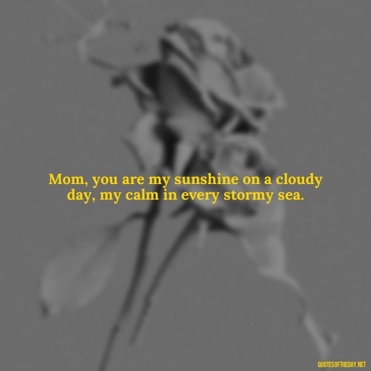 Mom, you are my sunshine on a cloudy day, my calm in every stormy sea. - Appreciation Love You Mom Quotes