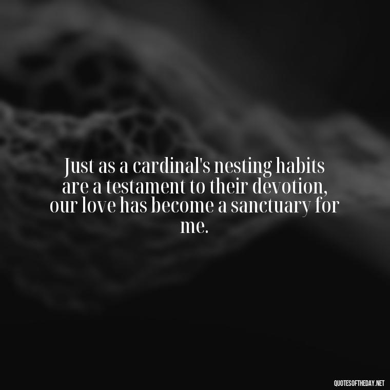 Just as a cardinal's nesting habits are a testament to their devotion, our love has become a sanctuary for me. - Cardinal Loved One Quote