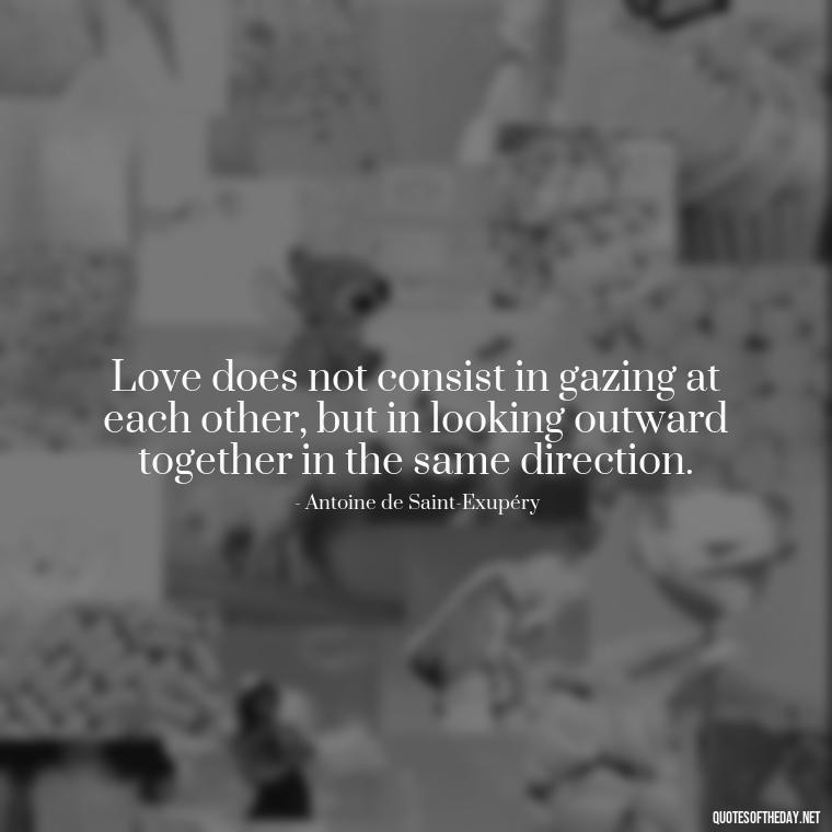 Love does not consist in gazing at each other, but in looking outward together in the same direction. - Lie In Love Quotes