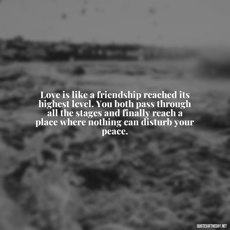 Love is like a friendship reached its highest level. You both pass through all the stages and finally reach a place where nothing can disturb your peace. - Most Beautiful Quotes About Love